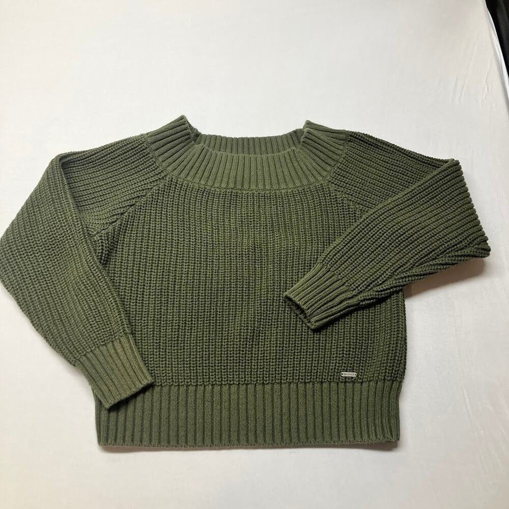 Hollister Cropped Knit Sweater Olive Green Ribbed Off Shoulder Pullover Small
